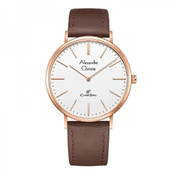 Alexandre Christie AC 8490 Rosegold White Brown Leather Man MHLRGSL
